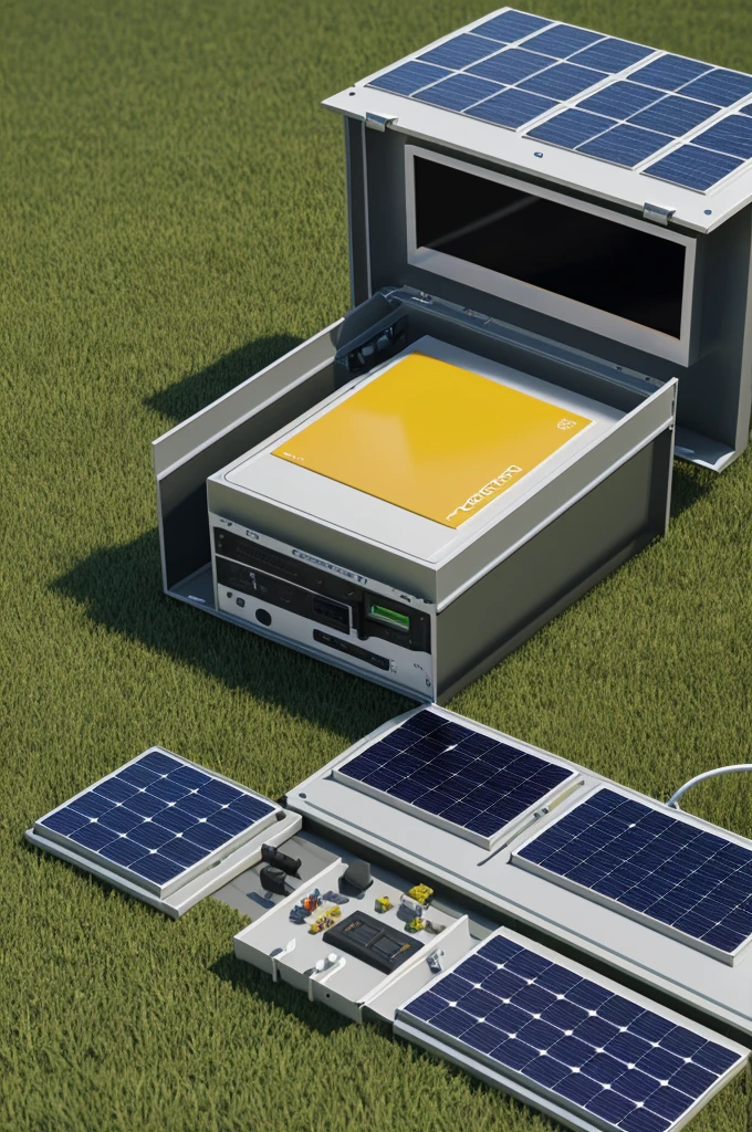 
Imagine a model that represents a compact system with solar panels on top to capture sunlight. These panels are connected to a small energy storage device, like a battery, shown inside the mockup. From this battery, There are simulated cables that connect to various miniature electronic devices, such as mobile phones or flashlights, demonstrating how the SolarPak can power these devices. The design could also include visual details that represent an outdoor environment, like a camp or emergency situation, to contextualize the practical use of the SolarPak.