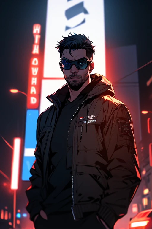 cyberpunk musician, short-haired man, wide angle lens, expressive look, laser hologram, hooded jacket, goggles, best quality, 8k, highres, masterpiece, ultra-detailed, photorealistic, vivid colors, studio lighting, cinematic, dramatic lighting, neon lights, futuristic, dark sci-fi, moody