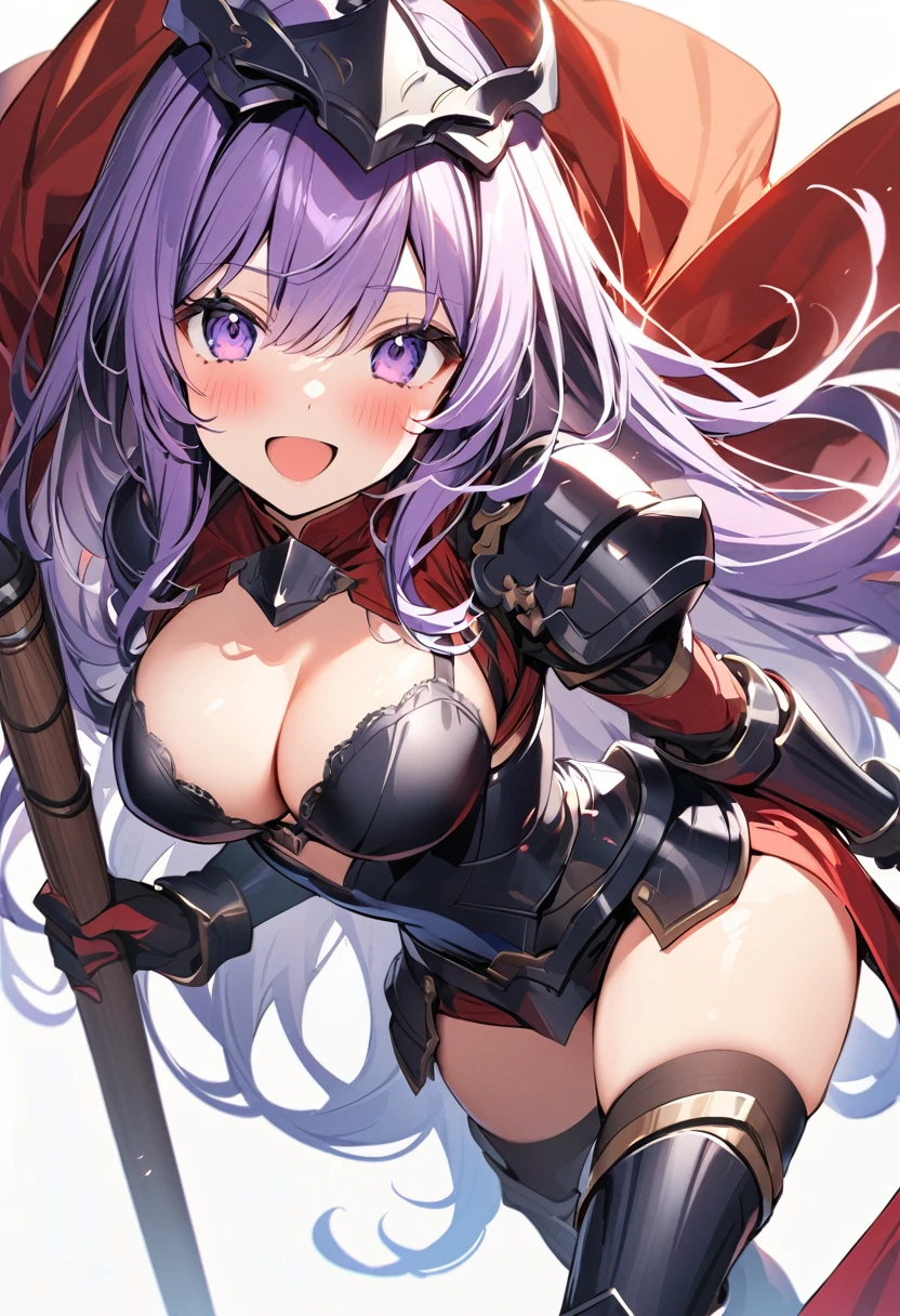 (masterpiece:1.2), (highest quality:1.2), 1girl, solo, purple-hair, long-hair, breasts, weapon, armor, cleavage, large-breasts, polearm, helmet, open-mouth, smile, boots, purple-eyes, gauntlets, very-long-hair, thighhighs, blue-eyes, full-body, red-armor, looking-at-viewer, :d, blush, thigh-boots, simple-background, armored-boots