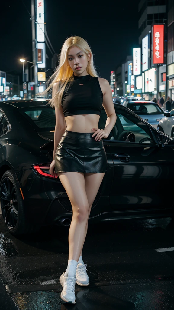 Beautiful Asian girl pale skin light yellow hair black crop top black short skirt long black stockings light blue eyes black tennis shoes good lighting driving a luxury sports car in the city of Tokyo at night with rain