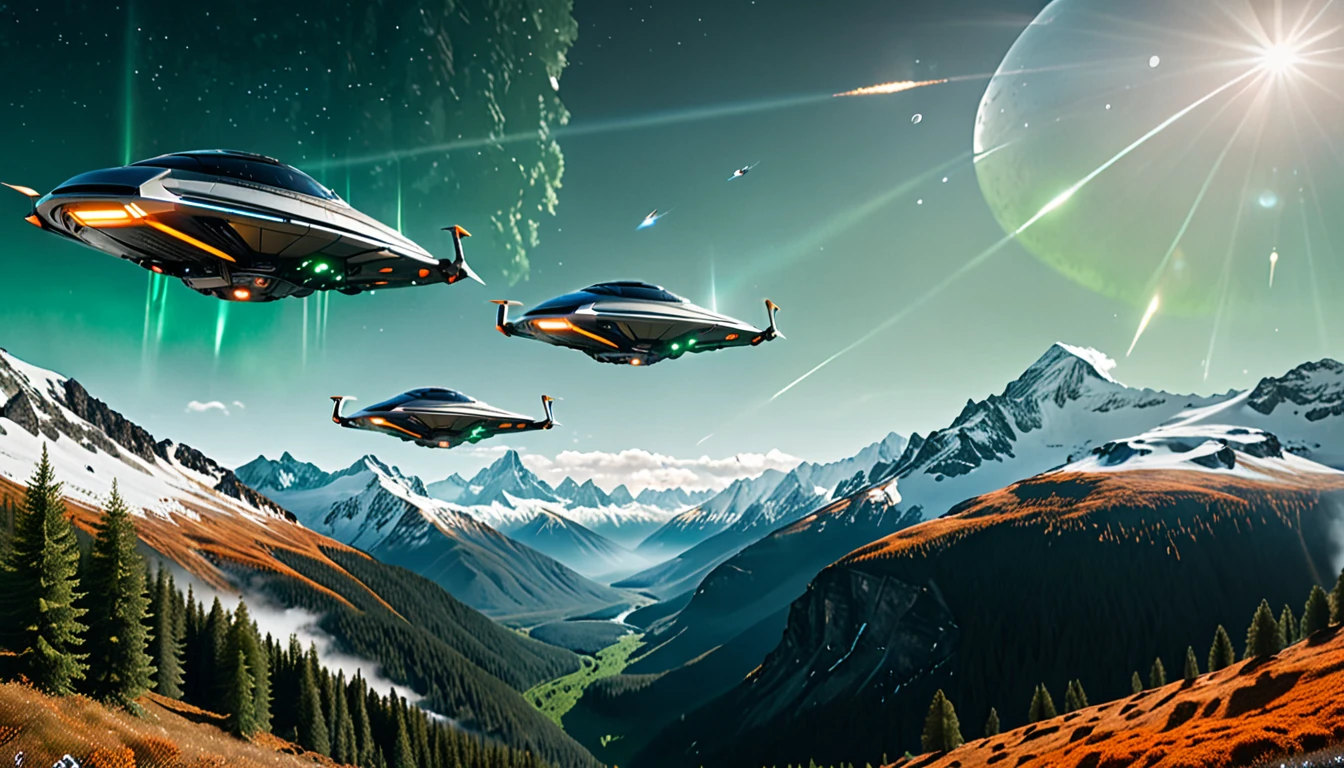 "A cinematic scene of a majestic mountain landscape with snow-capped peaks and dense forests in the valleys. In the center of the image, three futuristic spaceships fly in formation, with engines glowing bright orange (#FF4500). The lighting is natural and soft , with sunlight filtered through voluminous white clouds in the clear blue sky (#87CEEB). The composition uses the rule of thirds, with mountains occupying the upper left and right, creating a visual balance with the spaceships centered in the third. higher.
The camera used appears to be an ARRI Alexa 65, providing high resolution and cinematic depth of field. The lens is a wide angle, capturing the vastness of the landscape and the grandeur of the mountains. The color palette is naturalistic, with shades of green (#228B22) in the forests, brown (#8B4513) in the soil, and blue-gray (#708090) in the snowy mountains.
Cinematic light is soft and diffuse, creating soft, realistic shadows that add depth to the scene. There is a faint blue lens flare (#ADD8E6) visible in the sky, adding a touch of realism to the composition. The houses and villages in the valley have earthy tones (#D2B48C), harmonizing with the natural landscape around them.
The overall atmosphere is a fusion of pristine nature and advanced technology, creating a striking visual contrast and a sense of futuristic wonder."hyper realistic composition,32k resolution,cinematic composition,cinematic color grading.
