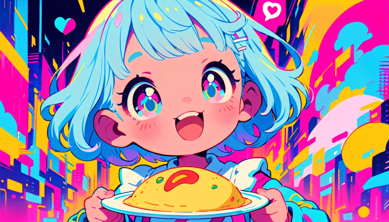 1 female, Light blue hair, short hair、Happy,cute, animation style, kawaii, clearly, colorful cyberpunk, bubblegum pop, cute、Pink and light blue as main colors、eating omelet rice、