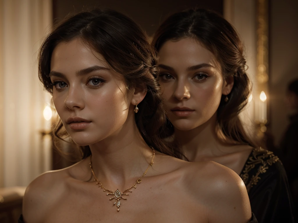 A chiaroscuro portrait of a woman, beautiful detailed eyes, beautiful detailed lips, extremely detailed eyes and face, long eyelashes, porcelain skin, elegant hairstyle, intricate jewelry, dramatic lighting, Renaissance style, dramatic shadows, warm golden tones, dramatic chiaroscuro lighting, ultra-detailed, 8k, photorealistic, masterpiece, cinematic, dramatic atmosphere, elegant and regal