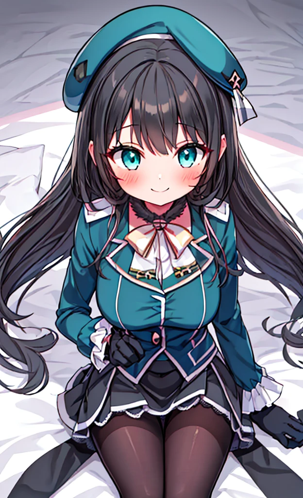 masterpiece,Highest quality,1 Girl,alone,blush with embarrassment,(boldline:1.6),(flat1:1.5), (PORTRAIT:1.2),bionde_HAIR,LONG_HAIR,LARGE_BREASTS,HAT,SMILE,BERET,GREEN_eyes,blue_eyes,BLACK_GLOVES,BLACK INNER SKIRT,uniform,PANTYHOSE,