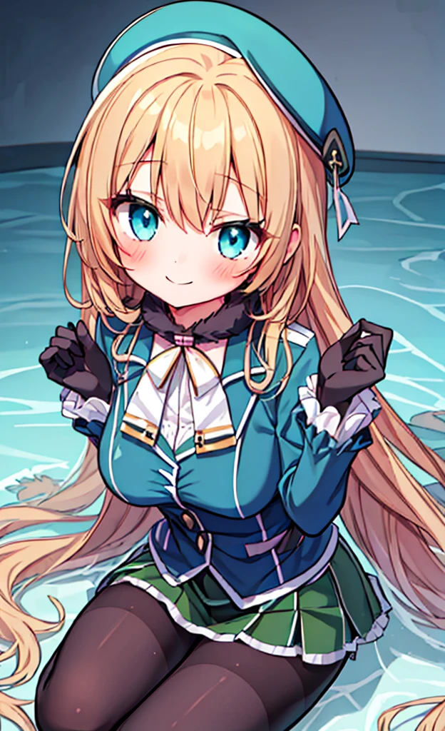 masterpiece,Highest quality,1 Girl,alone,blush with embarrassment,(boldline:1.6),(flat1:1.5), (PORTRAIT:1.2),bionde_HAIR,LONG_HAIR,LARGE_BREASTS,HAT,SMILE,BERET,GREEN_eyes,blue_eyes,BLACK_GLOVES,BLACK INNER SKIRT,uniform,PANTYHOSE,