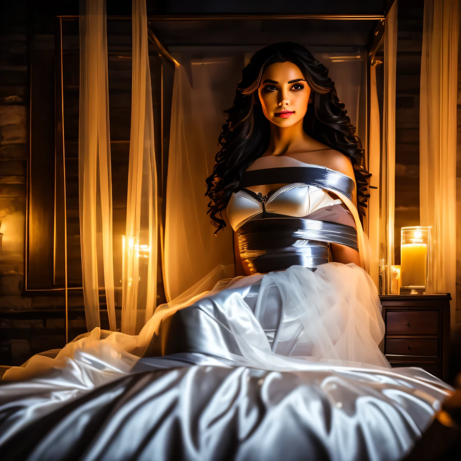 (bright lighting,romantic setting),bride captured, dreamy background,bondage,dark hair, mesmerizing gaze, , soft skin, alluring beauty, artistic portrait, high-quality image, vibrant colors, long silk gown, in the bed,tape bondage,tape gag, mosquito net, bridal