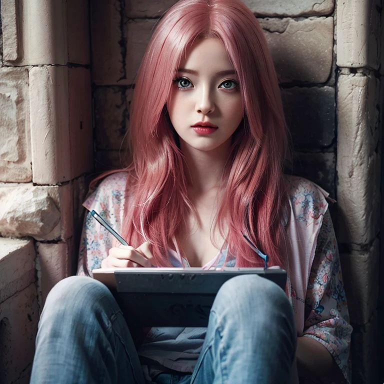 young woman pale skin, long bubblegum pink hair, pink eyebrows, big jade green eyes, buttoned nose, peach lips, small breasts, wide forehead, flower and butterfly kimono, Sakura Haruno, realistic, 3d