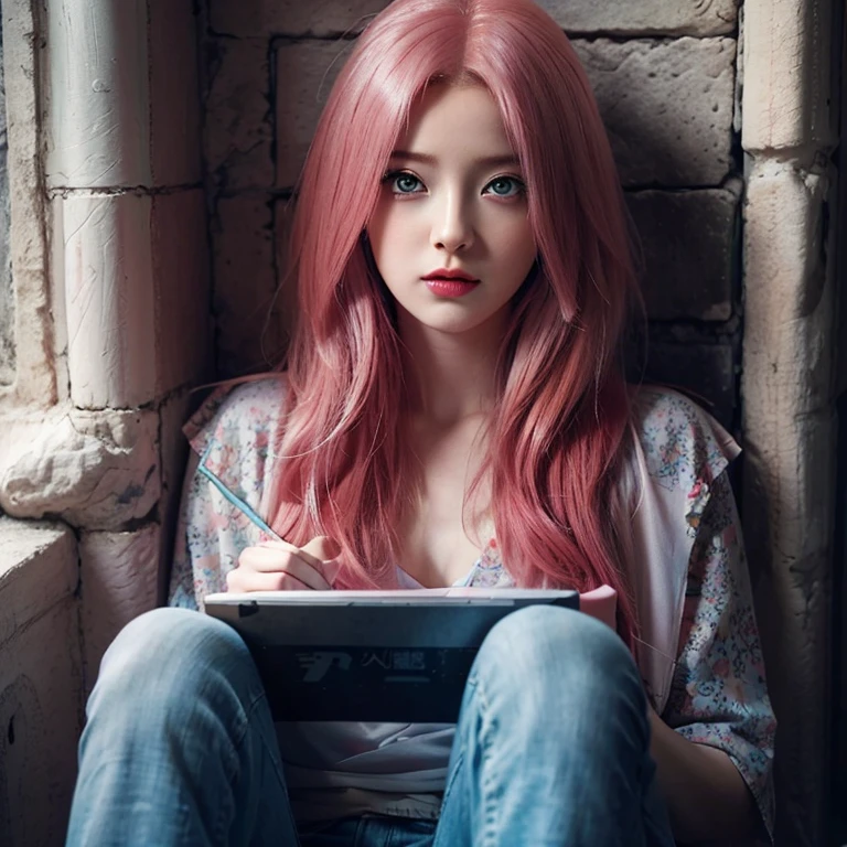 young woman pale skin, long bubblegum pink hair, pink eyebrows, big jade green eyes, buttoned nose, peach lips, small breasts, wide forehead, flower and butterfly kimono, Sakura Haruno, realistic, 3d
