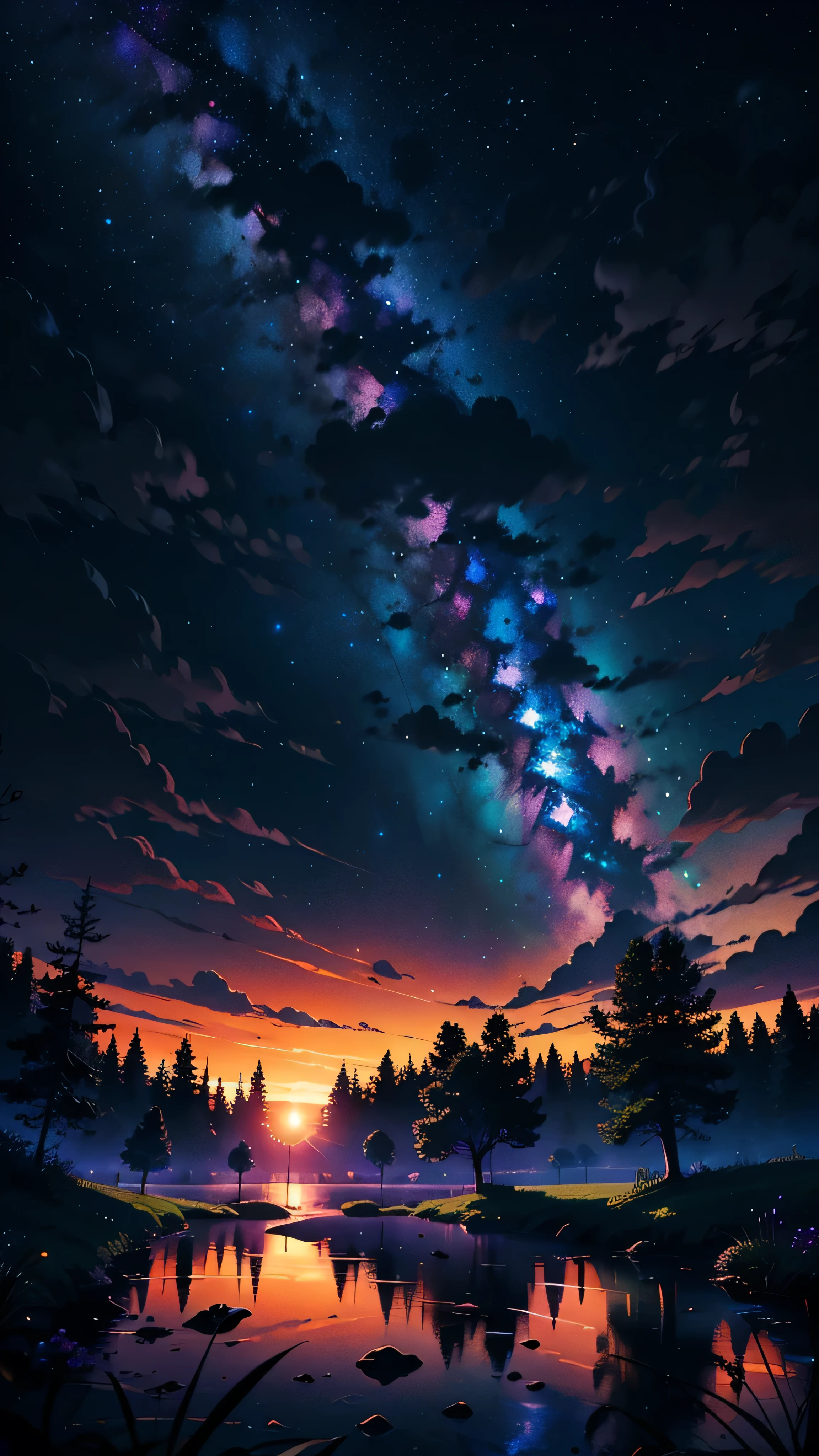 dark, purple, deep purple, green, wallpaper, Super detailed, Starry Sky, sunset