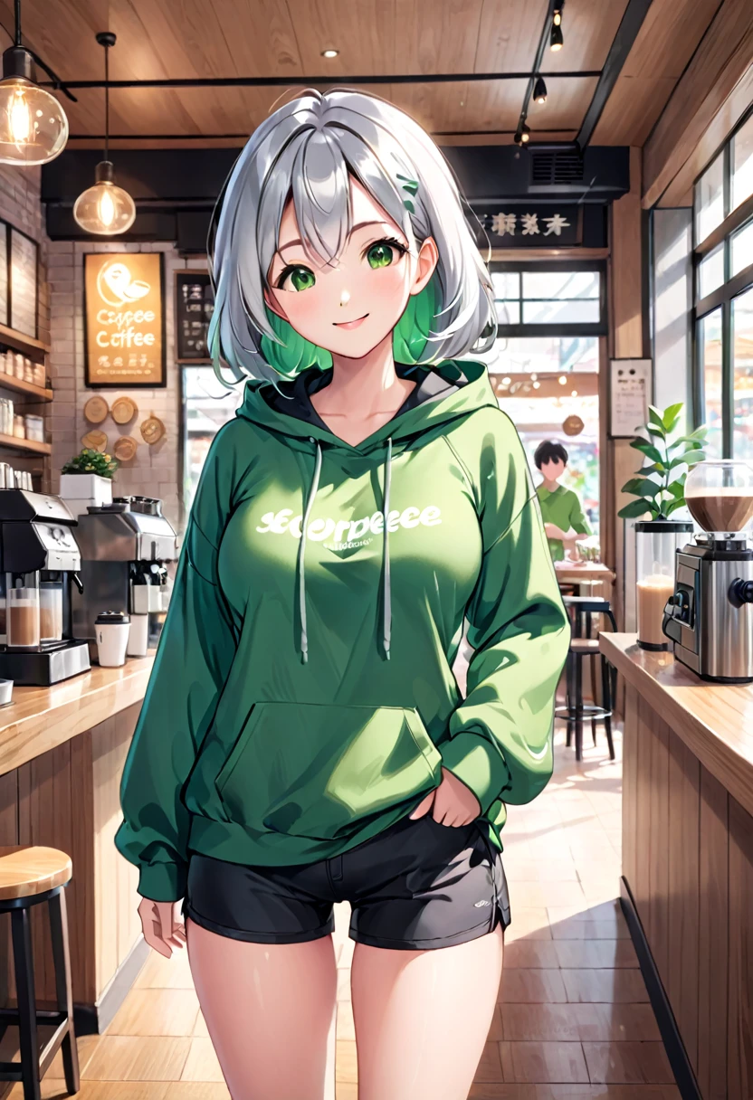 Pretty asian woman, bright silver hair, green eyes, busty, black shorts and a green hoodie, cute, standing in the center of a coffee shop environment, pretty smile, anime style