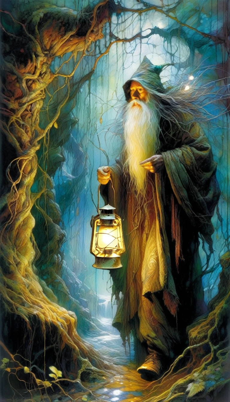 the hermit carries a lantern, by Brian Froud and Carne Griffiths and Wadim Kashin, intricate details, oil