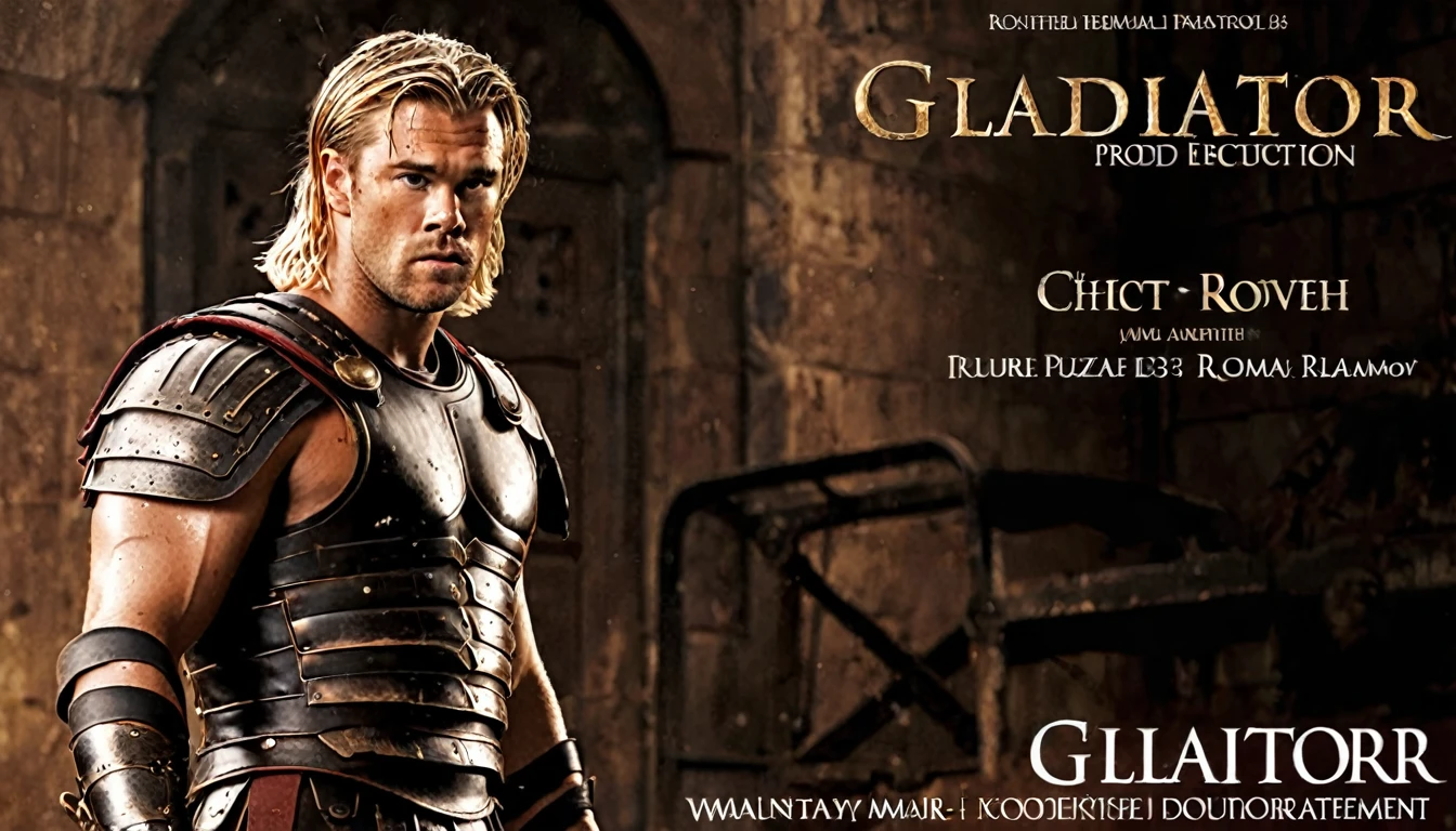 movie poster with the word: (GLADIATOR 2), (Scott Free Productions), (Legendary Entertainment), modern style, with Chris Hemsworth, long blonde hair, Roman armor, black color, rusty, fight scene, hyper-realistic, cinematic, cinematography, dark lighting, NOIR image, highly detailed, sharply focused, realistic movie poster style, dynamic shot, --chaos 10 --ar 6:5 --raw style --stylize 600
