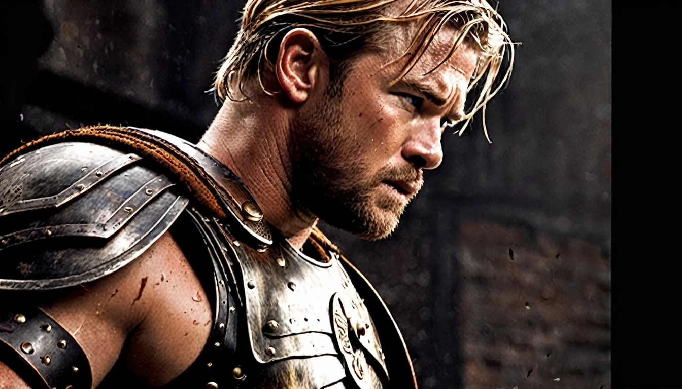 movie poster with the word: (GLADIATOR 2), (Scott Free Productions), (Legendary Entertainment), modern style, with Chris Hemsworth, long blonde hair, Roman armor, black color, rusty, fight scene, hyper-realistic, cinematic, cinematography, dark lighting, NOIR image, highly detailed, sharply focused, realistic movie poster style, dynamic shot, --chaos 10 --ar 6:5 --raw style --stylize 600