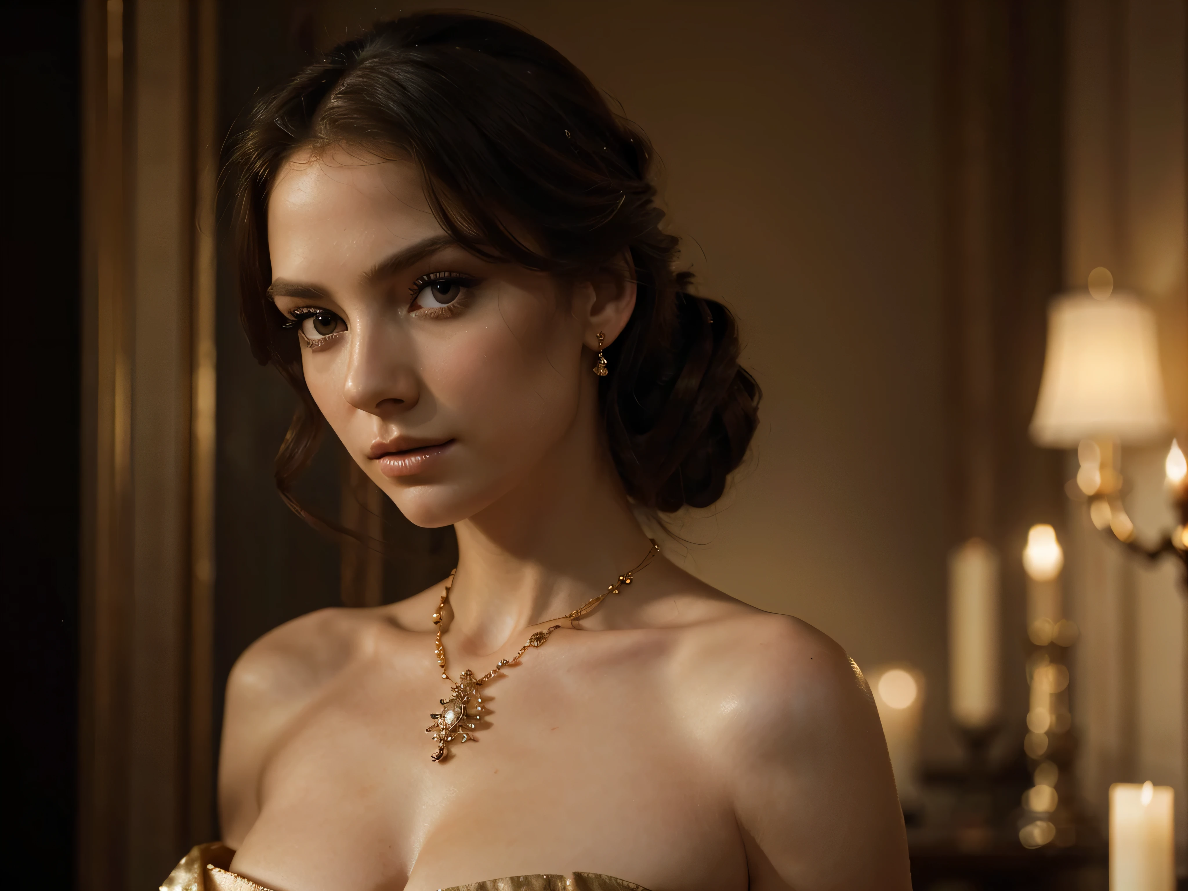 A chiaroscuro portrait of a woman, beautiful detailed eyes, beautiful detailed lips, extremely detailed eyes and face, long eyelashes, porcelain skin, elegant hairstyle, intricate jewelry, dramatic lighting, Renaissance style, dramatic shadows, warm golden tones, dramatic chiaroscuro lighting, ultra-detailed, 8k, photorealistic, masterpiece, cinematic, dramatic atmosphere, elegant and regal