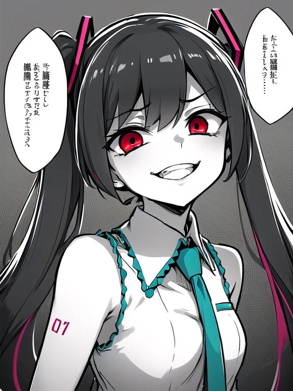 (masterpiece:1.2), (best quality:1.2), (highly detailed:1.2), 1girl, gesugao, sadistic smile, evil smile,monochrome, greyscale, spot color, red eyes, hatsune miku, upper body, disgust, disgust face