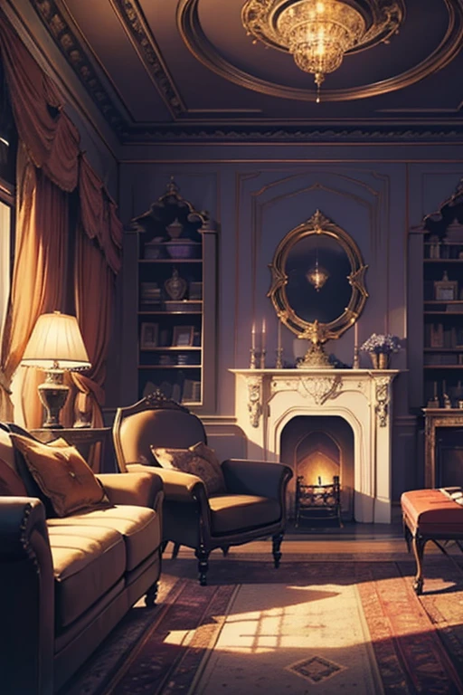 Interior, victorian Manor with reliquies, (((Nigth))), (((moonligth enters the living room))) soft pale orange palette, soft violet secundary exterior ligth 