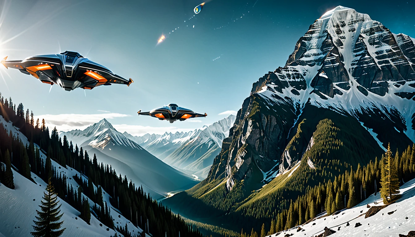 "A cinematic scene of a majestic mountain landscape with snow-capped peaks and dense forests in the valleys. In the center of the image, three futuristic spaceships fly in formation, with engines glowing bright orange (#FF4500). The lighting is natural and soft , with sunlight filtered through voluminous white clouds in the clear blue sky (#87CEEB). The composition uses the rule of thirds, with mountains occupying the upper left and right, creating a visual balance with the spaceships centered in the third. higher.
The camera used appears to be an ARRI Alexa 65, providing high resolution and cinematic depth of field. The lens is a wide angle, capturing the vastness of the landscape and the grandeur of the mountains. The color palette is naturalistic, with shades of green (#228B22) in the forests, brown (#8B4513) in the soil, and blue-gray (#708090) in the snowy mountains.
Cinematic light is soft and diffuse, creating soft, realistic shadows that add depth to the scene. There is a faint blue lens flare (#ADD8E6) visible in the sky, adding a touch of realism to the composition. The houses and villages in the valley have earthy tones (#D2B48C), harmonizing with the natural landscape around them.
The overall atmosphere is a fusion of pristine nature and advanced technology, creating a striking visual contrast and a sense of futuristic wonder."hyper realistic composition,32k resolution,cinematic composition,cinematic color grading.