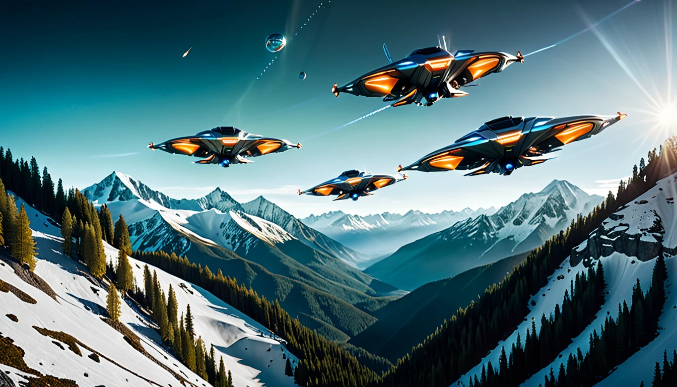 "A cinematic scene of a majestic mountain landscape with snow-capped peaks and dense forests in the valleys. In the center of the image, three futuristic spaceships fly in formation, with engines glowing bright orange (#FF4500). The lighting is natural and soft , with sunlight filtered through voluminous white clouds in the clear blue sky (#87CEEB). The composition uses the rule of thirds, with mountains occupying the upper left and right, creating a visual balance with the spaceships centered in the third. higher.
The camera used appears to be an ARRI Alexa 65, providing high resolution and cinematic depth of field. The lens is a wide angle, capturing the vastness of the landscape and the grandeur of the mountains. The color palette is naturalistic, with shades of green (#228B22) in the forests, brown (#8B4513) in the soil, and blue-gray (#708090) in the snowy mountains.
Cinematic light is soft and diffuse, creating soft, realistic shadows that add depth to the scene. There is a faint blue lens flare (#ADD8E6) visible in the sky, adding a touch of realism to the composition. The houses and villages in the valley have earthy tones (#D2B48C), harmonizing with the natural landscape around them.
The overall atmosphere is a fusion of pristine nature and advanced technology, creating a striking visual contrast and a sense of futuristic wonder."hyper realistic composition,32k resolution,cinematic composition,cinematic color grading.