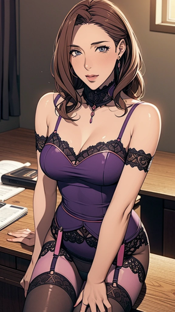 (Highest quality, Very detailed, Anime Images, Game CG, art CG, Realistic, Cinema Lighting, Perfect Shadow, Realistic lighting shading, Unity8k wallpaper), OL,Office Lady Costume, Black Pantyhose,Black knee high sock, Big Breasts, Long Hair, Mature Woman, (Lace panties), Perfect Eyes, Perfect Face, Earrings, (Purple garter belt: 1.1), Bible Black Style, Vulgar blush, nose, Watch Viewer, Sexy pose,In the office,Tabletop