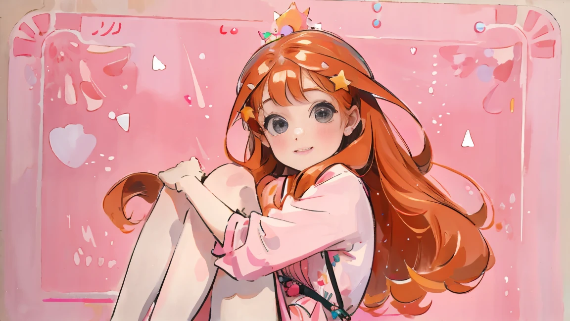 ((best quality)), ((masterpiece)), (detailed), perfect face, 1girl, nakano itsuki, smiling, whimsical, triad color pallette, hugging knees, looking at viewer, pink water droplets, smiling, flat colouring, full body, blank space on the left, fluffy red hair, star hairclips