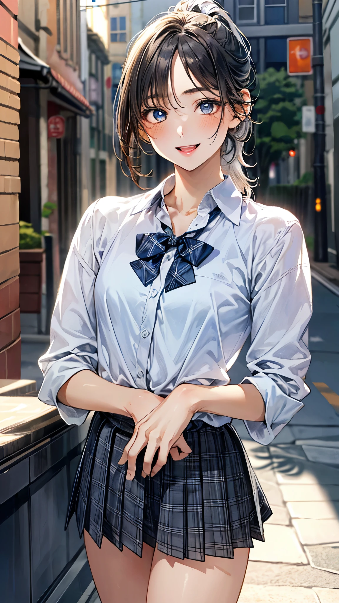 (masterpiece:1.3, top-quality, ultra high res, ultra detailed), (realistic, photorealistic:1.4), beautiful illustration, perfect lighting, natural lighting, colorful, depth of fields, ,
beautiful detailed hair, beautiful detailed face, beautiful detailed eyes, beautiful clavicle, beautiful body, beautiful chest, beautiful thigh, beautiful legs, beautiful fingers, shiny skin, 
looking at viewer, 1 girl, high school girl, (perfect anatomy, anatomically correct, super detailed skin), cute and symmetrical face, babyface, perfect face, perfect eyes, , 
(middle hair, ponytail, sideburns, silver hair), crossed bangs, blue eyes, slant eyes, big eyes, long eye lasher, (medium breasts, seductive thighs), slender, skin dendation, 
detailed cloth texture, light blue collared shirt, blue bow tie, grey plaid pleated skirt:1.2, black hair chouchou,
(beautiful scenery), summer, evening, (downtown, creperie shop), walking, (eatting crepe), (happy smile, upper eyes, open mouth small), 