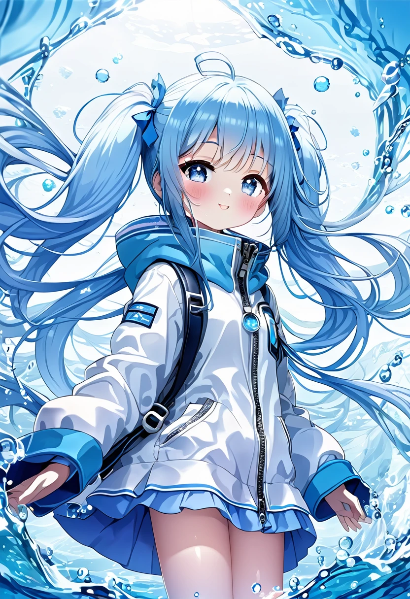 ((Highest quality)), ((masterpiece)), ((Ultra-detailed)), (Very delicate and beautiful), girl、solo,Bright smile、Light blue long hair、Twin tails,((Jacket)),She is very(relax)with(Calm)Appearance,Depth of written boundary,Wicked Smile,bubble, Underwater, Air bubbles,bright light blue eyes,Inner color with light blue tips,,,,,,,,,,,,,,Cold Background,Shorts、Knee-high socks、Like a white uniform 、Light blue ribbon tie、The clothes are transparent、Put your hands in your pockets、Eyes as bright as sapphires,Frontless Blue, A small blue light was floating、Upward glance、Broken glass、Snowflake hair ornament