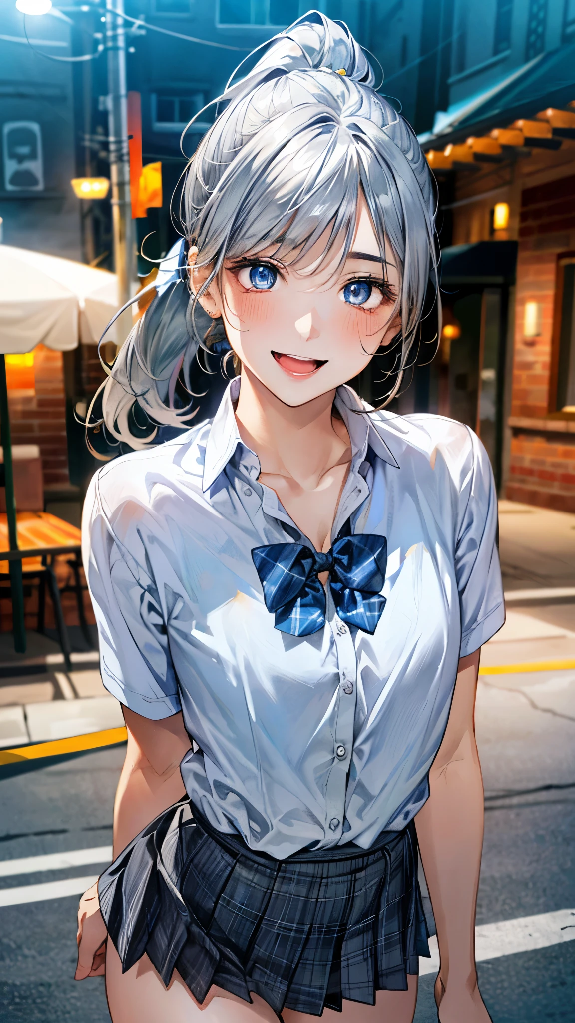 (masterpiece:1.3, top-quality, ultra high res, ultra detailed), (realistic, photorealistic:1.4), beautiful illustration, perfect lighting, natural lighting, colorful, depth of fields, ,
beautiful detailed hair, beautiful detailed face, beautiful detailed eyes, beautiful clavicle, beautiful body, beautiful chest, beautiful thigh, beautiful legs, beautiful fingers, shiny skin,
looking at viewer, 1 girl, high school girl, (perfect anatomy, anatomically correct, super detailed skin), cute and symmetrical face, babyface, perfect face, perfect eyes, ,
(middle hair, ponytail, silver hair), crossed bangs, blue eyes, slant eyes, big eyes, long eye lasher, (medium breasts, seductive thighs), slender, skin dendation,
detailed cloth texture, light blue collared shirt, blue bow tie, grey plaid pleated skirt:1.2, black hair chouchou,
(beautiful scenery), summer, evening, (downtown:1.2), standing, (lovely smile, upper eyes, parted lips),