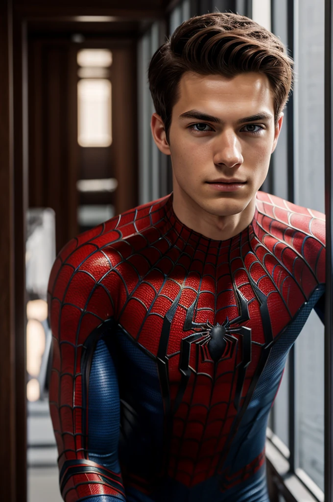 A photograph of spider man, no mask, 20 yo, handsome, detailed face, looking at camera, portrait, 8k uhd, high quality