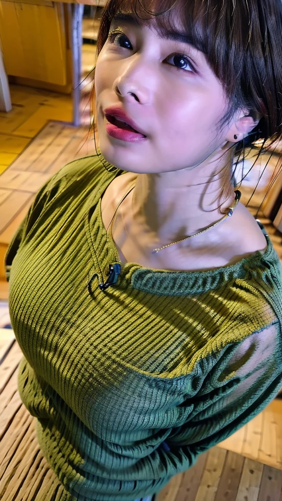 ((masutepiece,top-quality)), (photographrealistic:1.4),((masutepiece,8K))、white wall、(white room)、((full body photo))、shot in natural light、Highly detailed face and skin texture、highly detailed lips、correct state of the human body、Super high resolution、(Photoreal:1.4)、top quality, 1 beautiful woman, 38 years old, s, 150mm lens、Light yellow Knit、(Dark brown medium shorthair)、Japanese woman、(dark brown hair)、Versatile poses、looking at the camera、Natural color lip、Winter clothes、 necklace、indoor