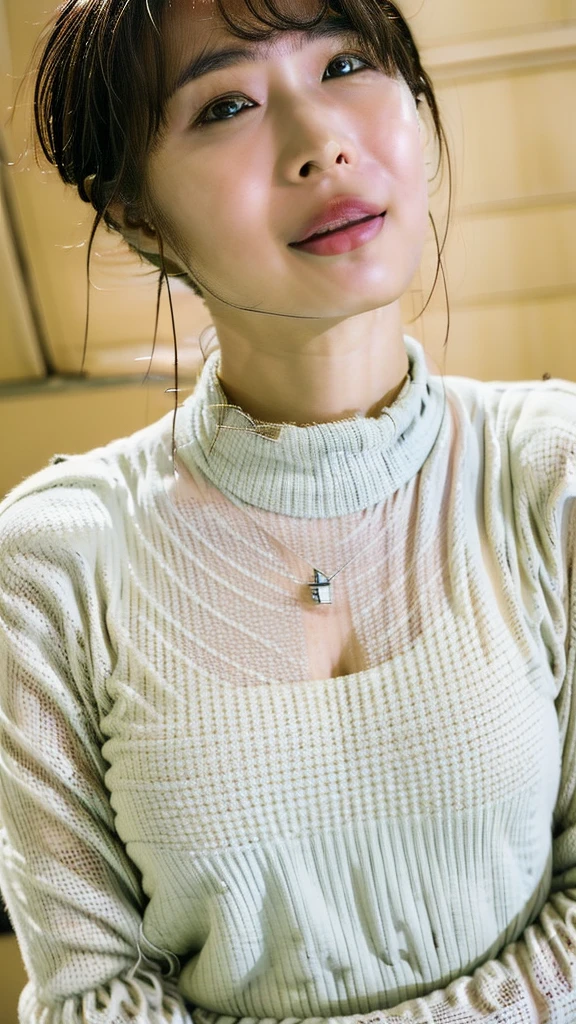 ((masutepiece,top-quality)), (photographrealistic:1.4),((masutepiece,8K))、white wall、(white room)、((full body photo))、shot in natural light、Highly detailed face and skin texture、highly detailed lips、correct state of the human body、Super high resolution、(Photoreal:1.4)、top quality, 1 beautiful woman, 38 years old, s, 150mm lens、Light yellow Knit、(Dark brown medium shorthair)、Japanese woman、(dark brown hair)、Versatile poses、looking at the camera、Natural color lip、Winter clothes、 necklace、indoor