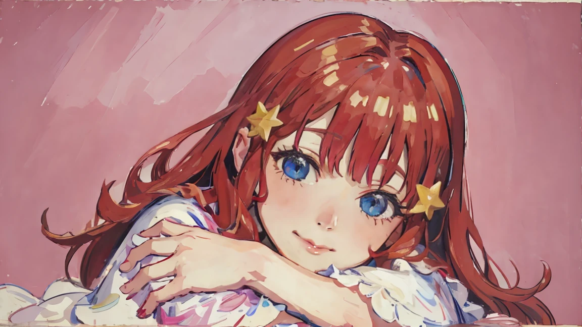 ((best quality)), ((masterpiece)), (detailed), perfect face, 1girl, nakano itsuki, smiling, whimsical, triad color pallette, hugging knees, looking at viewer, pink water droplets, smiling, flat colouring, full body, blank space on the left, fluffy red hair, star hairclips