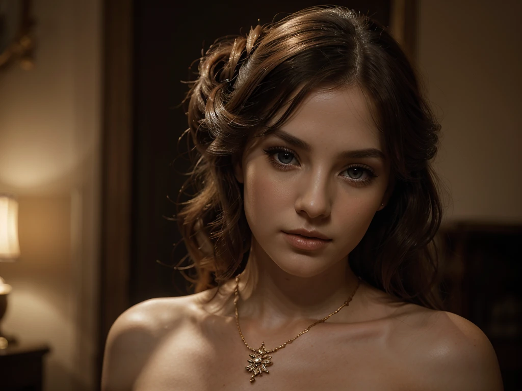 A chiaroscuro portrait of a woman, beautiful detailed eyes, beautiful detailed lips, extremely detailed eyes and face, long eyelashes, porcelain skin, elegant hairstyle, intricate jewelry, dramatic lighting, Renaissance style, dramatic shadows, warm golden tones, dramatic chiaroscuro lighting, ultra-detailed, 8k, photorealistic, masterpiece, cinematic, dramatic atmosphere, elegant and regal