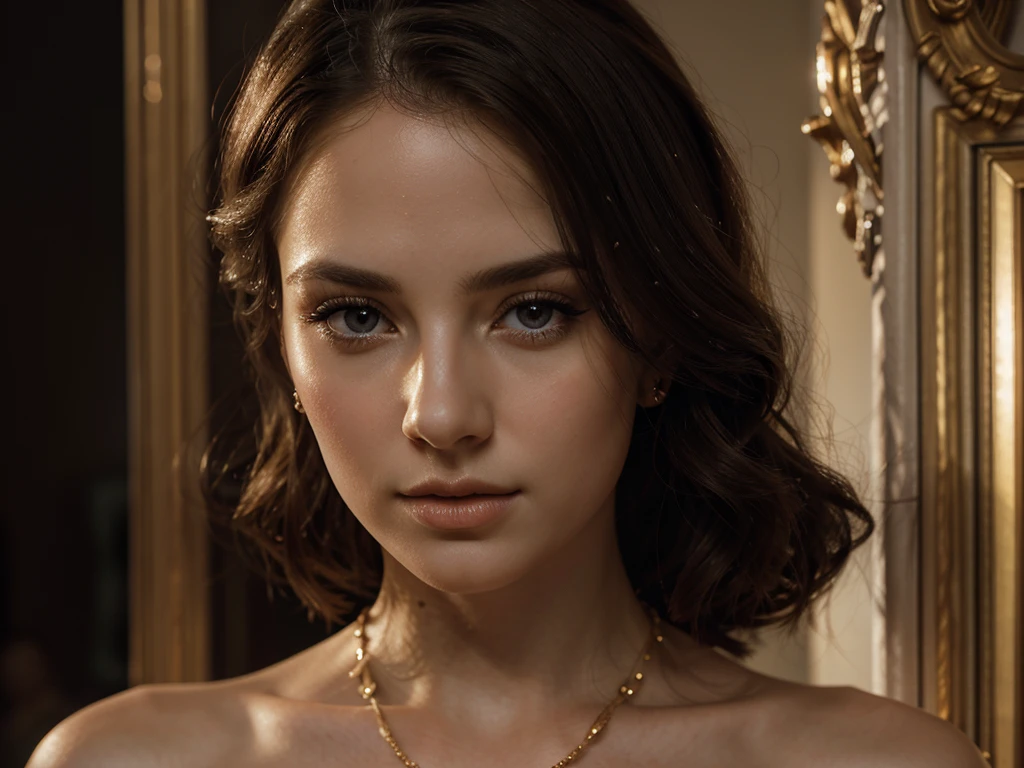 A chiaroscuro portrait of a woman, beautiful detailed eyes, beautiful detailed lips, extremely detailed eyes and face, long eyelashes, porcelain skin, elegant hairstyle, intricate jewelry, dramatic lighting, Renaissance style, dramatic shadows, warm golden tones, dramatic chiaroscuro lighting, ultra-detailed, 8k, photorealistic, masterpiece, cinematic, dramatic atmosphere, elegant and regal
