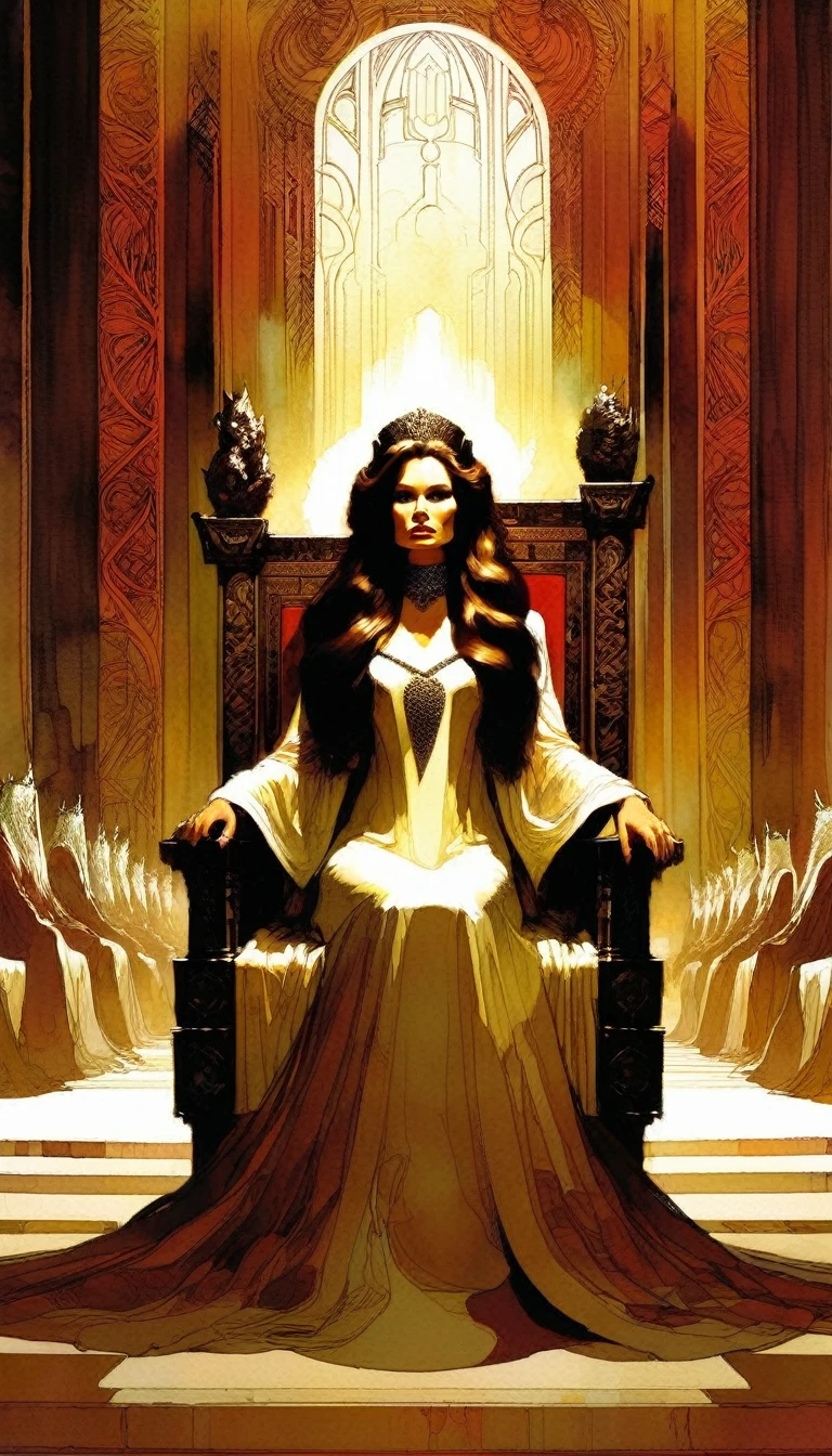 the empress, on her throne, long brown hair and curls, large throne room, inspired art by Bill Sienkiewicz