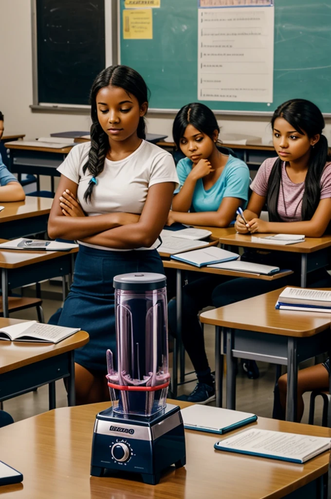 Young people with the rotor of a blender sitting in a classroom at night