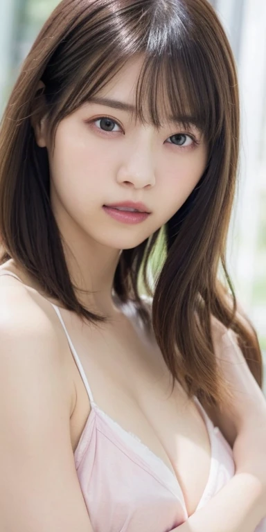 (masterpiece:1.3), Highest quality、Ultra-high resolution, Very detailed, Very detailed CG Unity 8k 壁紙, Realistic, photo-Realistic, RAW Photos, Beautifully detailed face, Pale skin, Realistic glistening skin, Detailed cloth texture, Detailed hair texture, Perfect body, Beautiful Face, Accurate, Anatomically correct, Highly detailed face そして skin texture, Natural neck length, (Fair skin:1.2), Good teeth alignment,
Symmetrical eyes, dolly make、double eyelid, Thin eyebrows, (Glossy Lips:1.4), (Sad face:1.2),
(classy and cute girl:1.3),
(Large Breasts:1.4), Cleavage, Beautiful clavicle,
(Wavy long hair:1.2), ((Asymmetrical bangs:1.2)), A tight, greyish, light purple camisole that hugs the breasticro Mini、Voluptuous thighs、A photo showing you from head to knees、Focus on the thighs