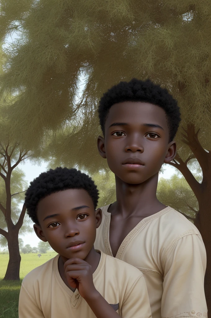 Create a highly detailed ultra realistic portrait image of a young cute African boy of around 12 years who is chatting under a tree with his grandfather.