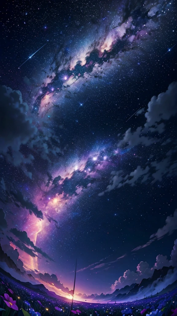 (masterpiece), Highest quality, beautiful flower field at night, nice sky with stars and constelations, Volume Cloud, Beautiful Clouds, (full moon), a Magic atmosphere, Dreamy image, Vast landscape photography, There are many different colored flowers blooming in the fields., Feeling calm and peaceful, Breeze, the scenary has a Magic glow, fire Fly, Beauty in the details, Natural beauty,astronomical photography, Nature Observation, Bright Moon,
break nebula, milk way, Space Sky, Starry Sky, Fisheye Lens, Dynamic Angle, (Dynamic configuration:1.4), Professional image,Production art, complicated, Fascinating, nice,Breathtaking,wonderful, Magic, Volumetric Light,  [purple]