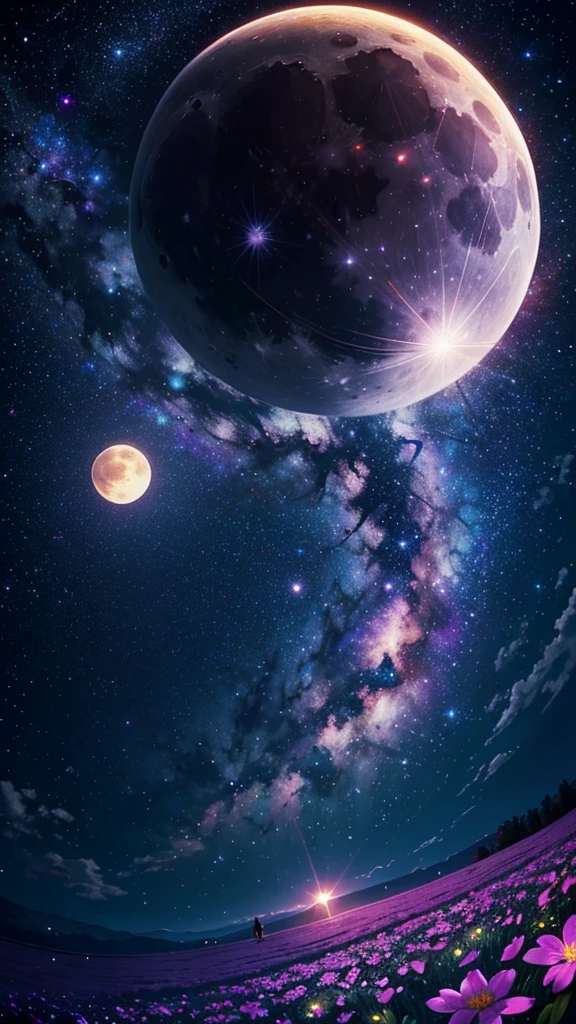 (masterpiece), Highest quality, beautiful flower field at night, nice sky with stars and constelations, Volume Cloud, Beautiful Clouds, (full moon), a Magic atmosphere, Dreamy image, Vast landscape photography, There are many different colored flowers blooming in the fields., Feeling calm and peaceful, Breeze, the scenary has a Magic glow, fire Fly, Beauty in the details, Natural beauty,astronomical photography, Nature Observation, Bright Moon,
break nebula, milk way, Space Sky, Starry Sky, Fisheye Lens, Dynamic Angle, (Dynamic configuration:1.4), Professional image,Production art, complicated, Fascinating, nice,Breathtaking,wonderful, Magic, Volumetric Light,  [purple]