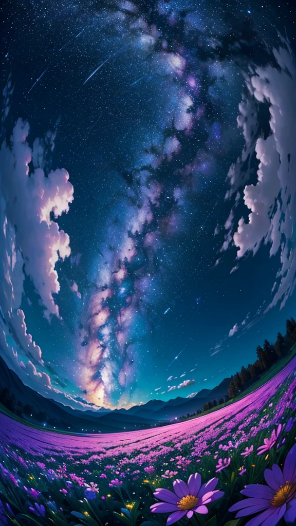 (masterpiece), Highest quality, beautiful flower field at night, nice sky with stars and constelations, Volume Cloud, Beautiful Clouds, (full moon), a Magic atmosphere, Dreamy image, Vast landscape photography, There are many different colored flowers blooming in the fields., Feeling calm and peaceful, Breeze, the scenary has a Magic glow, fire Fly, Beauty in the details, Natural beauty,astronomical photography, Nature Observation, Bright Moon,
break nebula, milk way, Space Sky, Starry Sky, Fisheye Lens, Dynamic Angle, (Dynamic configuration:1.4), Professional image,Production art, complicated, Fascinating, nice,Breathtaking,wonderful, Magic, Volumetric Light,  [purple]