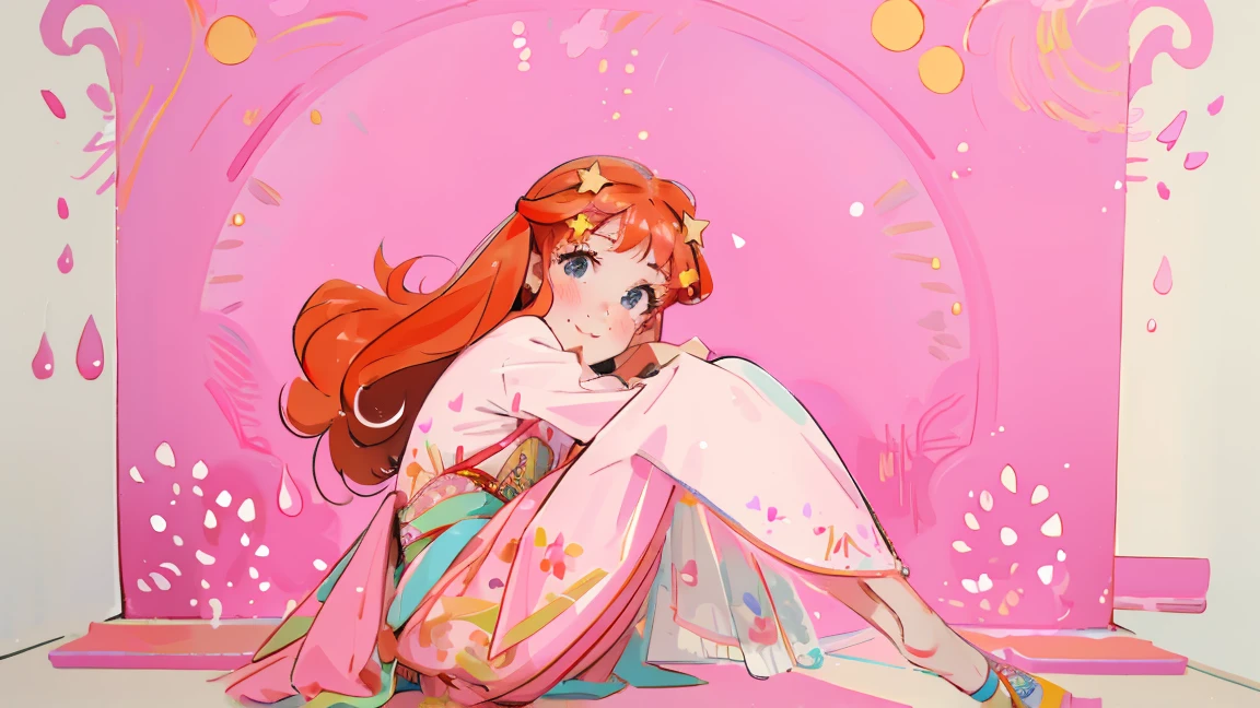 ((best quality)), ((masterpiece)), (detailed), perfect face, 1girl, nakano itsuki, smiling, whimsical, triad color pallette, hugging knees, looking at viewer, pink water droplets, smiling, flat colouring, full body, blank space on the left, fluffy red hair, star hairclips