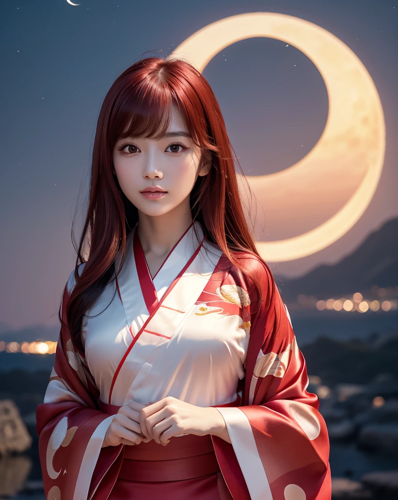 (Highest quality, 32k, High resolution, Masterpiece:1.5, ), marimo_jet, god々A photograph with brilliant dazzling and healing power., Evoking a sense of calm and elusive beauty, Expressing emotions, Have a rich imagination,Beautiful Japanese Girls, An exceptionally beautiful face, Small Face Beauty, Perfect Human Anatomy, Magical big eyes, Motherhood and generosity, Deep Love, fleeting smile, ((shiny red hair:1.1)), ((Super Long Straight Silk Hair)), Asymmetrical bangs, Hair between the eyes, Transparent, soft white skin, Sharp eyebrows, Thin lashes, Natural Makeup, Cheek highlighter, Pale pink detailed lips, , ((Red kimono:1.5)), ((Crescent moon night sky background:1.2)), Slim figure with ample breasts, ((Detailed night sky background:1.3)), moonlight, Professional Lighting, Professional photographer, Professional models, god秘的
