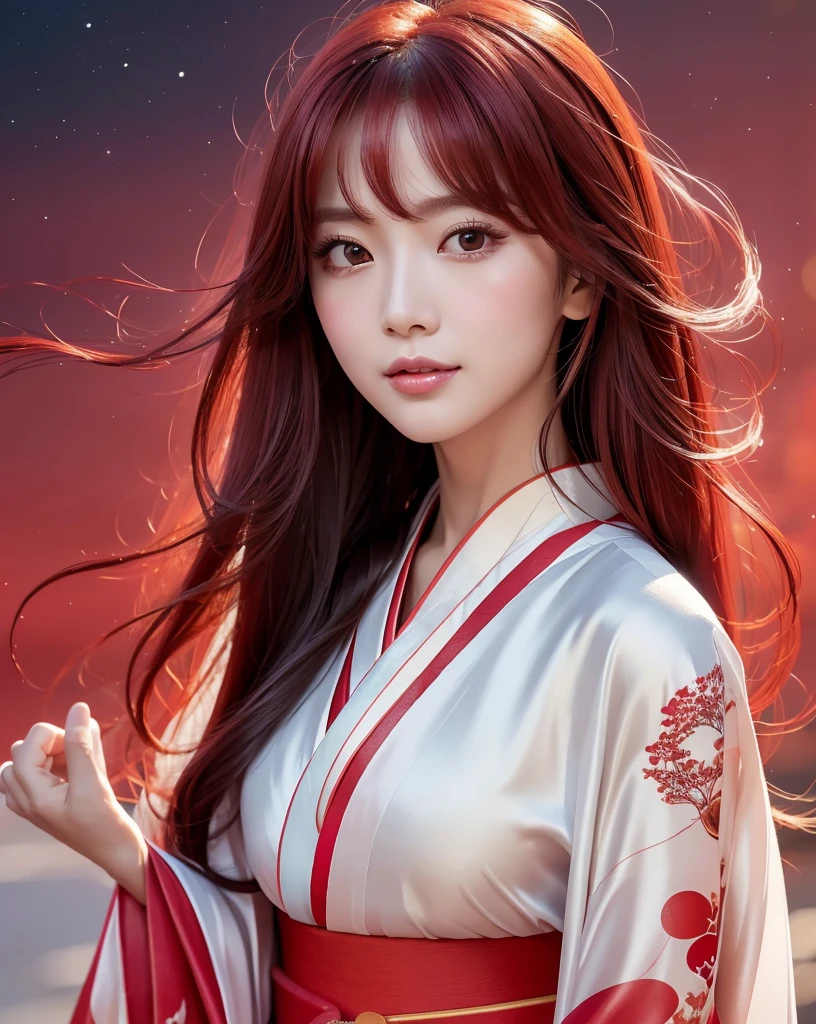 (Highest quality, 32k, High resolution, Masterpiece:1.5, ), marimo_jet, god々A photograph with brilliant dazzling and healing power., Evoking a sense of calm and elusive beauty, Expressing emotions, Have a rich imagination,Beautiful Japanese Girls, An exceptionally beautiful face, Small Face Beauty, Perfect Human Anatomy, Magical big eyes, Motherhood and generosity, Deep Love, fleeting smile, ((shiny red hair:1.1)), ((Super Long Straight Silk Hair)), Asymmetrical bangs, Hair between the eyes, Transparent, soft white skin, Sharp eyebrows, Thin lashes, Natural Makeup, Cheek highlighter, Pale pink detailed lips, , ((Red kimono:1.5)), ((Crescent moon night sky background:1.2)), Slim figure with ample breasts, ((Detailed night sky background:1.3)), moonlight, Professional Lighting, Professional photographer, Professional models, god秘的