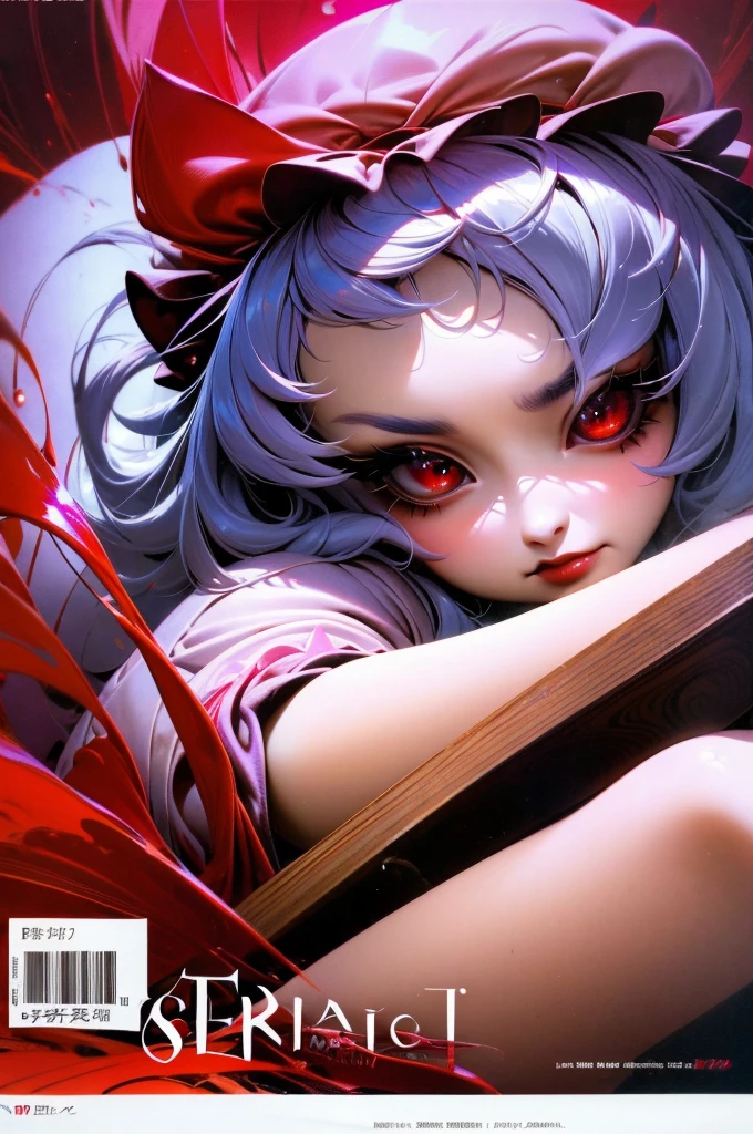 remilia scarlet in cover magazine. magazine cover (LO comic)/ glossy. Beautiful. Professional character design. Masterpiece. Expensive. Beautiful cover. Finest detailing. Fine work. Meticulous. Harmonious. High quality. Fingers are detailed in high-quality detail. Beautiful face and eyes. Beautiful pose for a magazine cover. Japanese inscription at the top left Scarlet
