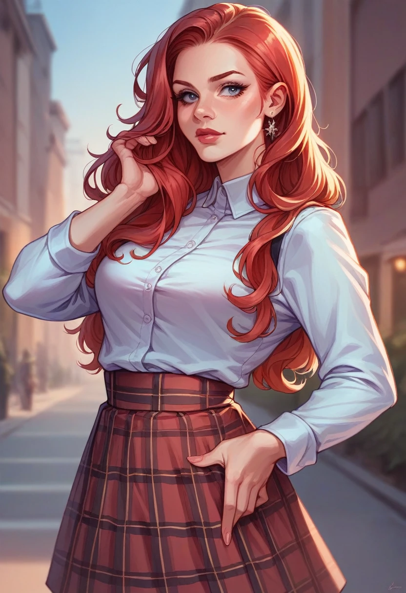 beautiful buxom red head russian girl half clothed but with a tight top and plaid skirt 18 years old outdoor photo realism sensual pose, glamour, hyperrealist