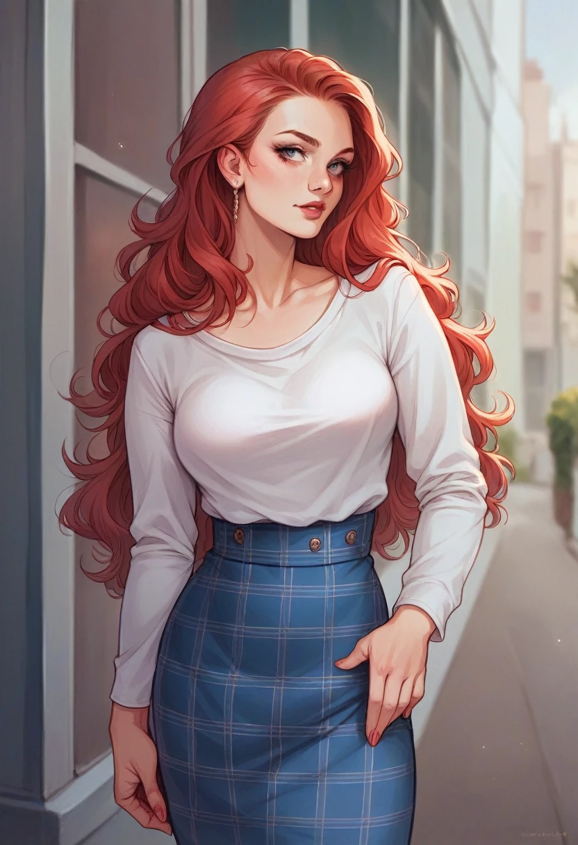 beautiful buxom red head russian girl half clothed but with a tight top and plaid skirt 18 years old outdoor photo realism sensual pose, glamour, hyperrealist