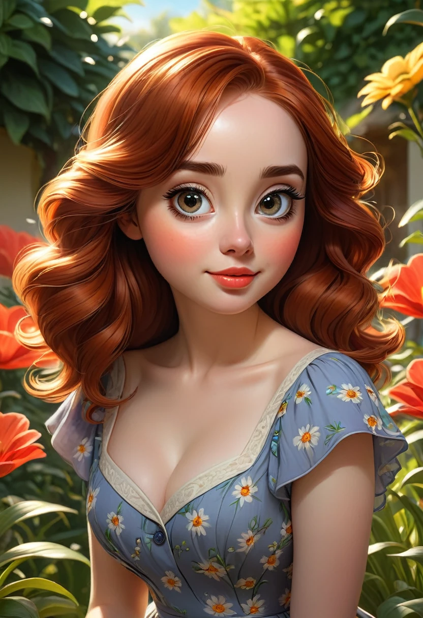 Adorable, Woman,big-eyed woman, round face. promenent lips. Smileing,In the garden,Her hands are behind her...., , large ass, wearing a cute sun dress. Picture from the side,looking at the scenes, intense colors, Very valuable details, complex details, volumetric lighting, digital art, 8k, trending on Artstation, Clear focus, complex details, highly detail, Greg Rutkowski Big Eyes, high-resolution, fiery red hair. Anna Popplewell
