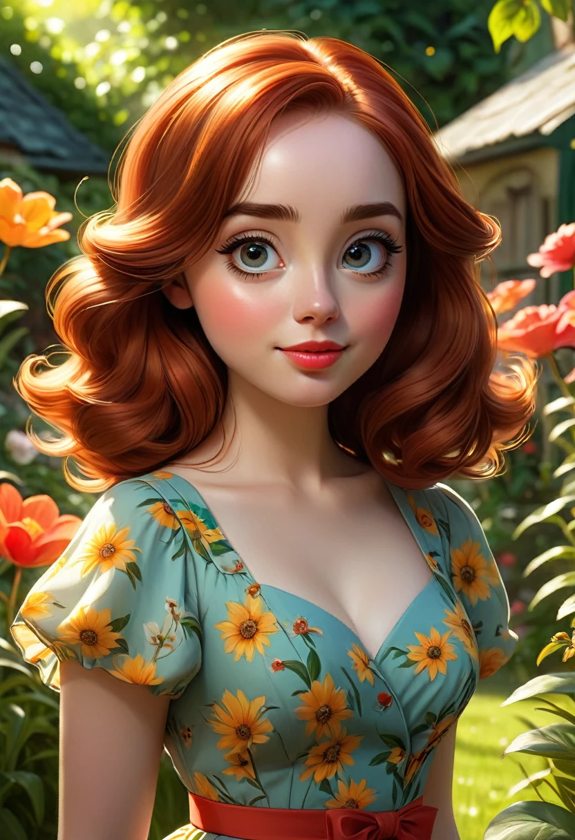 Adorable, Woman,big-eyed woman, round face. promenent lips. Smileing,In the garden,Her hands are behind her...., , large ass, wearing a cute sun dress. Picture from the side,looking at the scenes, intense colors, Very valuable details, complex details, volumetric lighting, digital art, 8k, trending on Artstation, Clear focus, complex details, highly detail, Greg Rutkowski Big Eyes, high-resolution, fiery red hair. Anna Popplewell
