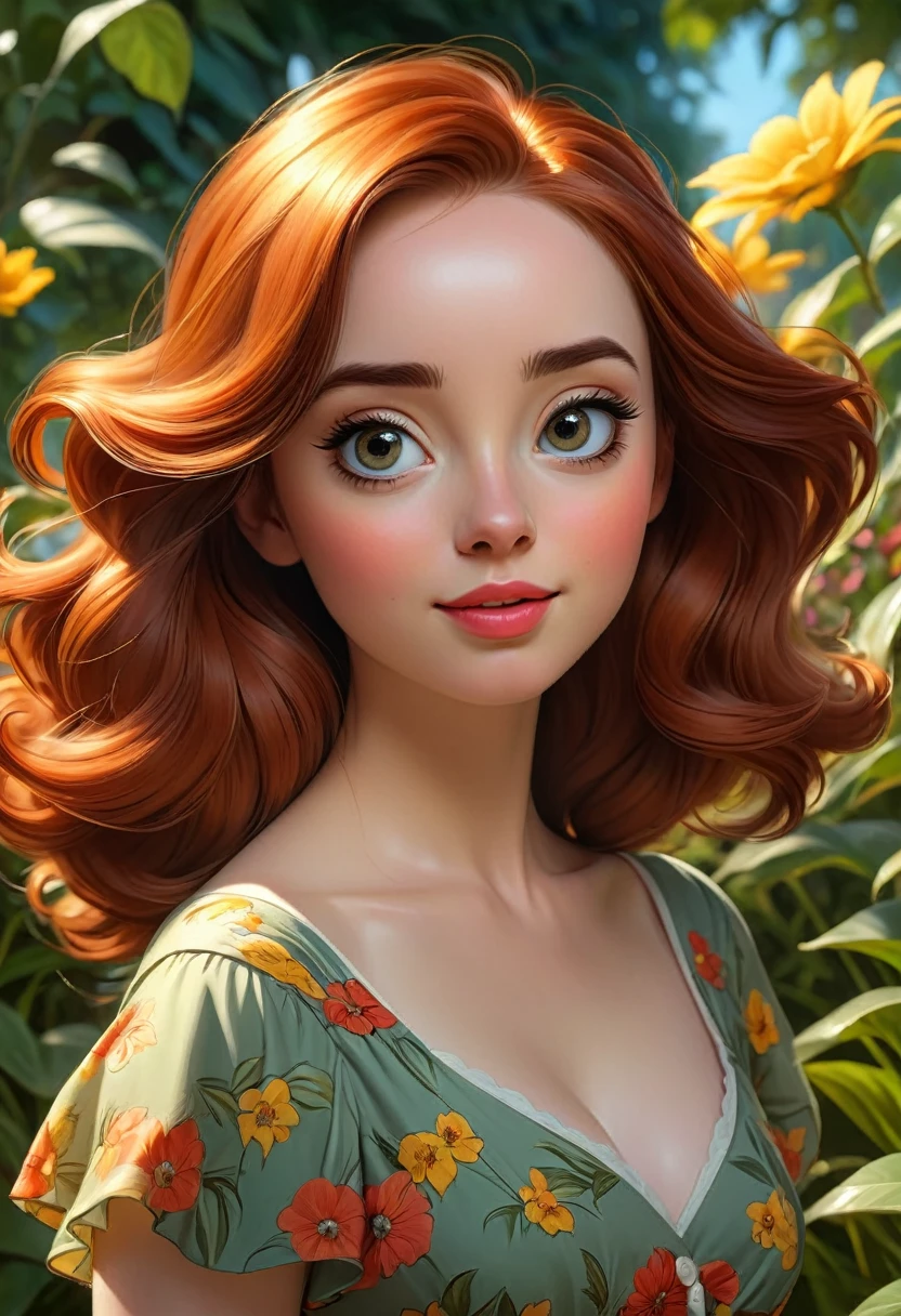 Adorable, Woman,big-eyed woman, round face. promenent lips. Smileing,In the garden,Her hands are behind her...., , large ass, wearing a cute sun dress. Picture from the side,looking at the scenes, intense colors, Very valuable details, complex details, volumetric lighting, digital art, 8k, trending on Artstation, Clear focus, complex details, highly detail, Greg Rutkowski Big Eyes, high-resolution, fiery red hair. Anna Popplewell
