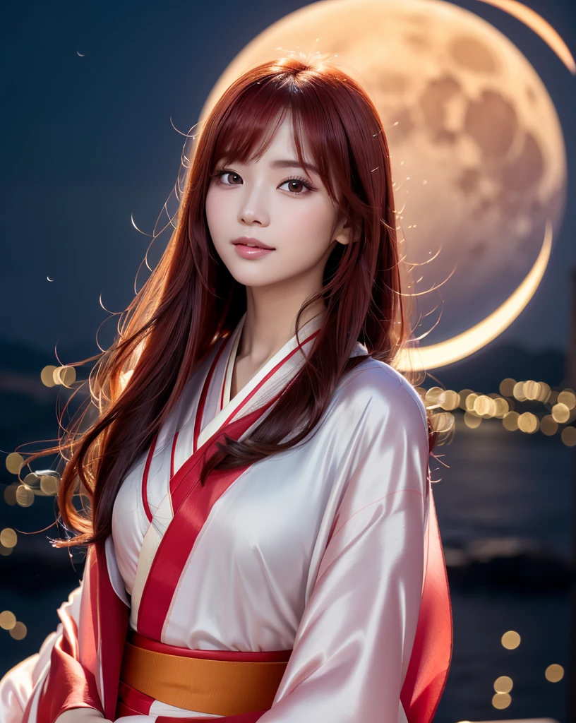 (logo、masterpiece、8k、Tabletop、RAW Photos、wonderful、最high quality、Photorealistic and very detailed CG composite 8k wallpaper、high quality、Very detailed、Narrative poem、Particle Effects、Dynamic Effects、Depth of the Boundary)What is written is、Cinematic Light、Lens flare、Ray Tracing)、Fantasy、(Purple Dress)、(night、Night Sky、Starry Sky、full moon)、(Girl looking up at the sky)、sit、cute、Japanese style、 (smile)、Long Hair、Strong winds、(Hair blowing in the wind)、Natural light、moonlight、(Landscape photography)、(Very huge and obscene face with big breasts)、(Low position)、(Low Angle)